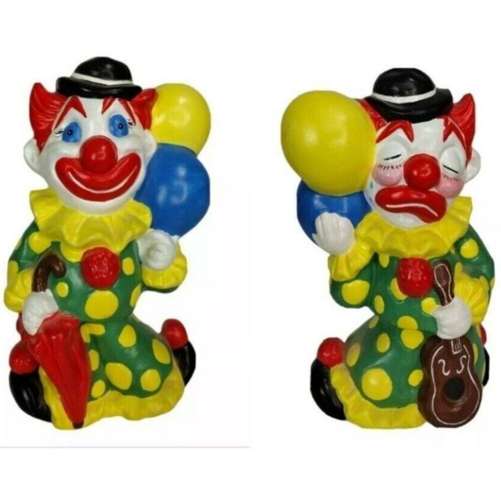 Vintage 70s Two-Sided Happy and Sad Colorful Clown Figurine with Balloons